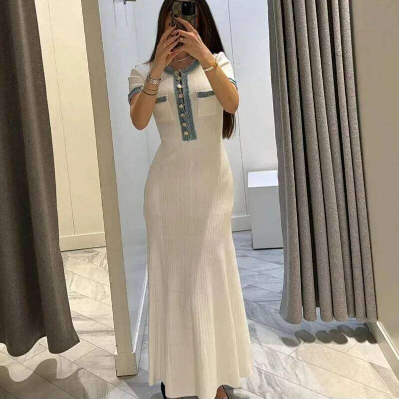 French Elegant White Maxi For Women 2025 New Pleated Patchwork Knitted Mini Dress Socialite Chic Graceful Outfit