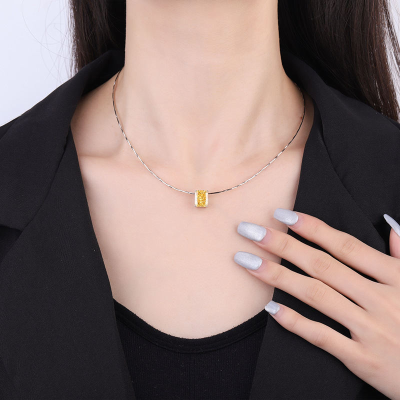 Elegant 925 Sterling Silver Lock Pendant Necklace with Yellow High Carbon Diamond, 8x10mm Gemstone for Women