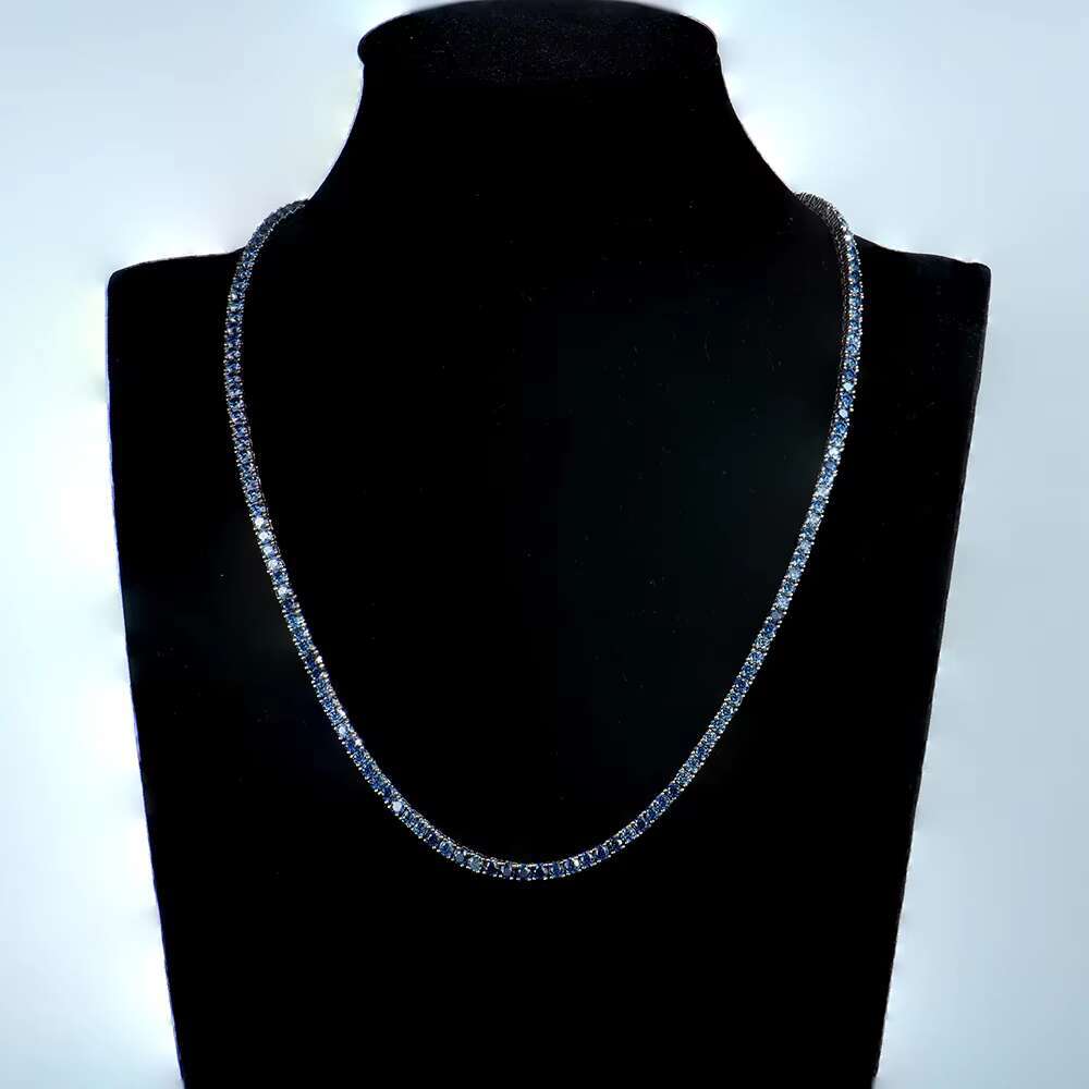 OACOCA Premium Jewelry 925 Silver Necklace Rhodium Plated Round Brilliant Cut Original Royal Blue Color Moissanite Tennis Link Chain