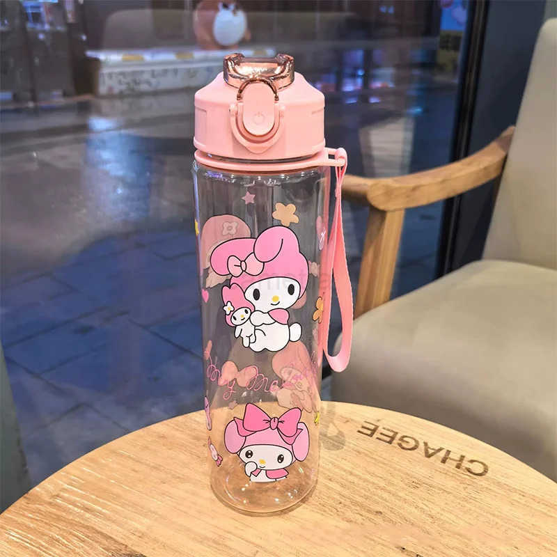 Sanrio 800ML Childrens Cartoon Kuromi Transparent Pop-up Spout Water Cup Hand-held Strap Anti-fall Kettle Portable Outdoor Space CupXJ25