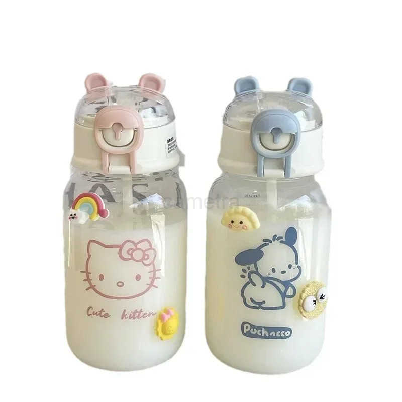 Sanrio Sanrio Anime Transparent Straw Cup Hello Kitty Pochacco 600ML Cartoon Plastic Water Cup with Straw for Drinking Portable Handle for StudentsXJ2