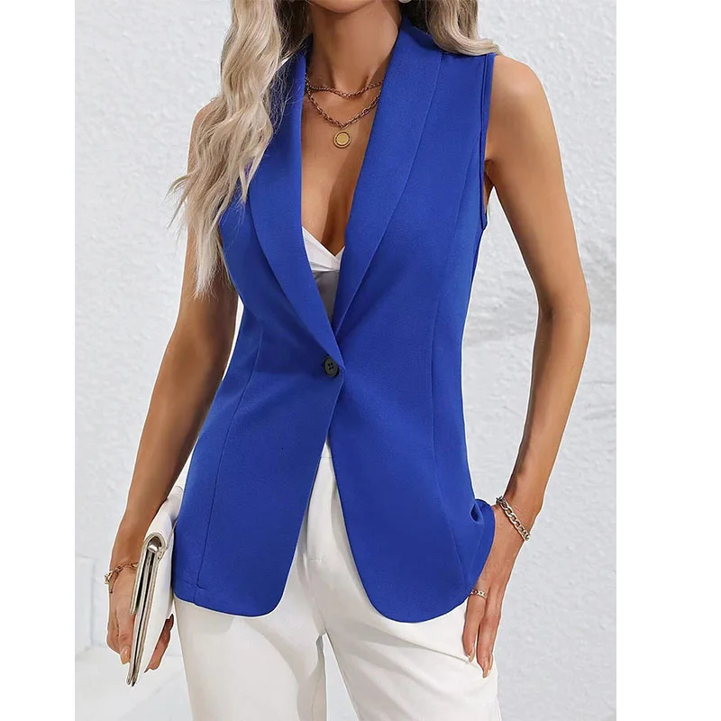 Women Blazer Vest Solid Color Loose Cardigan Sleeveless Jacket Single Button Wasitcoat Female Formal Suit Coat Commute Clothing 250610