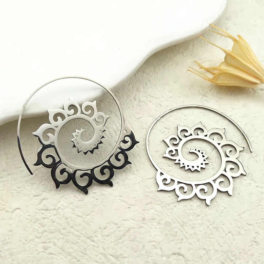 Indian Tribal Ethnic Stainless Steel Spiral Hoop Earrings Bohemian Mandala Flower Boho Earrings Women Jewelry aros mujer E9205 250610