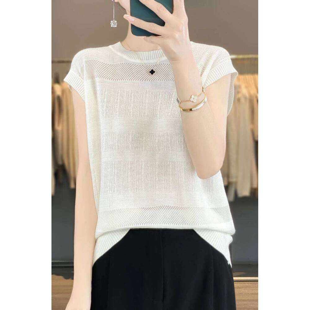 Classic Short Sleeves Tencel Wool Blend Pullover Women Knitting Hollow Out Sweater O-Neck High quality thin design Basic Tops