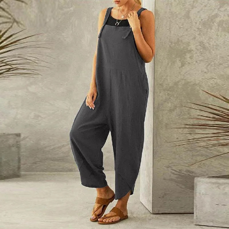 Womens nine point suspender pants jumpsuit European and American womens solid color casual 250609
