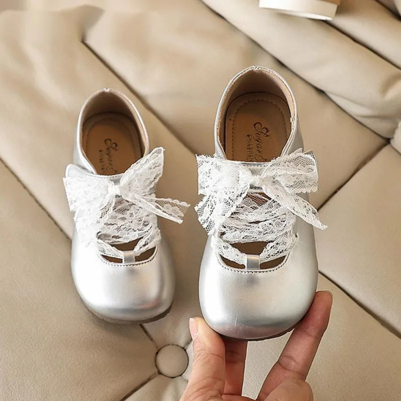 Lace Bow Girls Flats Shoes Spring Autumn Solid PU Leather Children Mary Janes Hook Loop Soft Party Kids Princess Shoes 250611