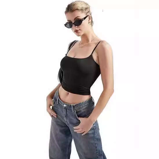 Summer Spaghetti Strap Vest Sexy Sleeveless Black Two-Piece Jumpsuit Top Milk Silk Women's Clothing B5