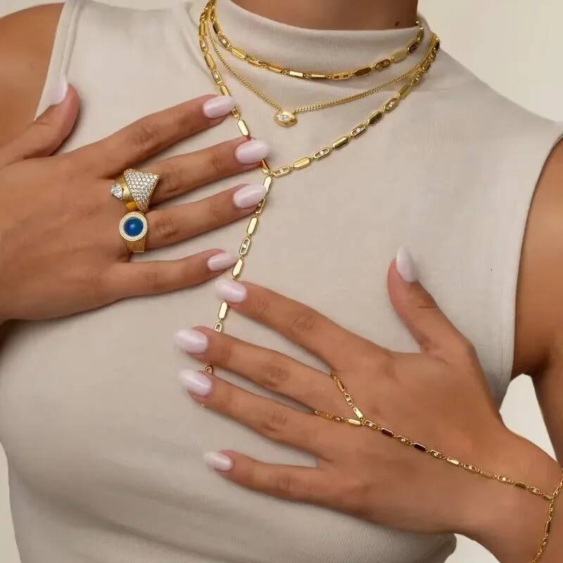 2025 Geometric High Polish Fashion Bling Rectangle Metal Beaded Bar Tennis Chain 16" Women Gold Color Choker Necklace Jewelry