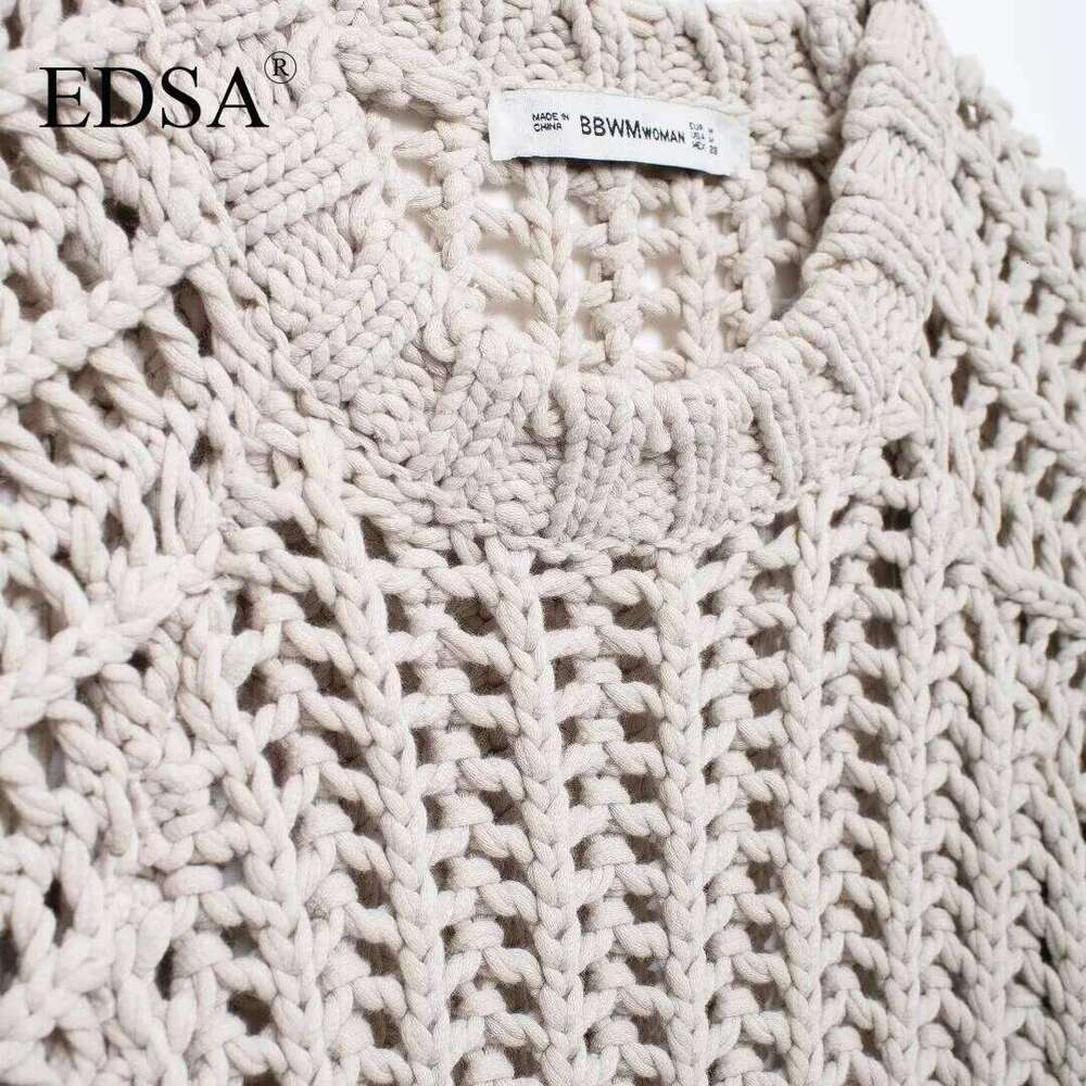 EDSA Women Chunky Knit Top with Side Straps O-Neck Short Sleeves Hollow Out Cropped Sweater Pullover for Casual Female