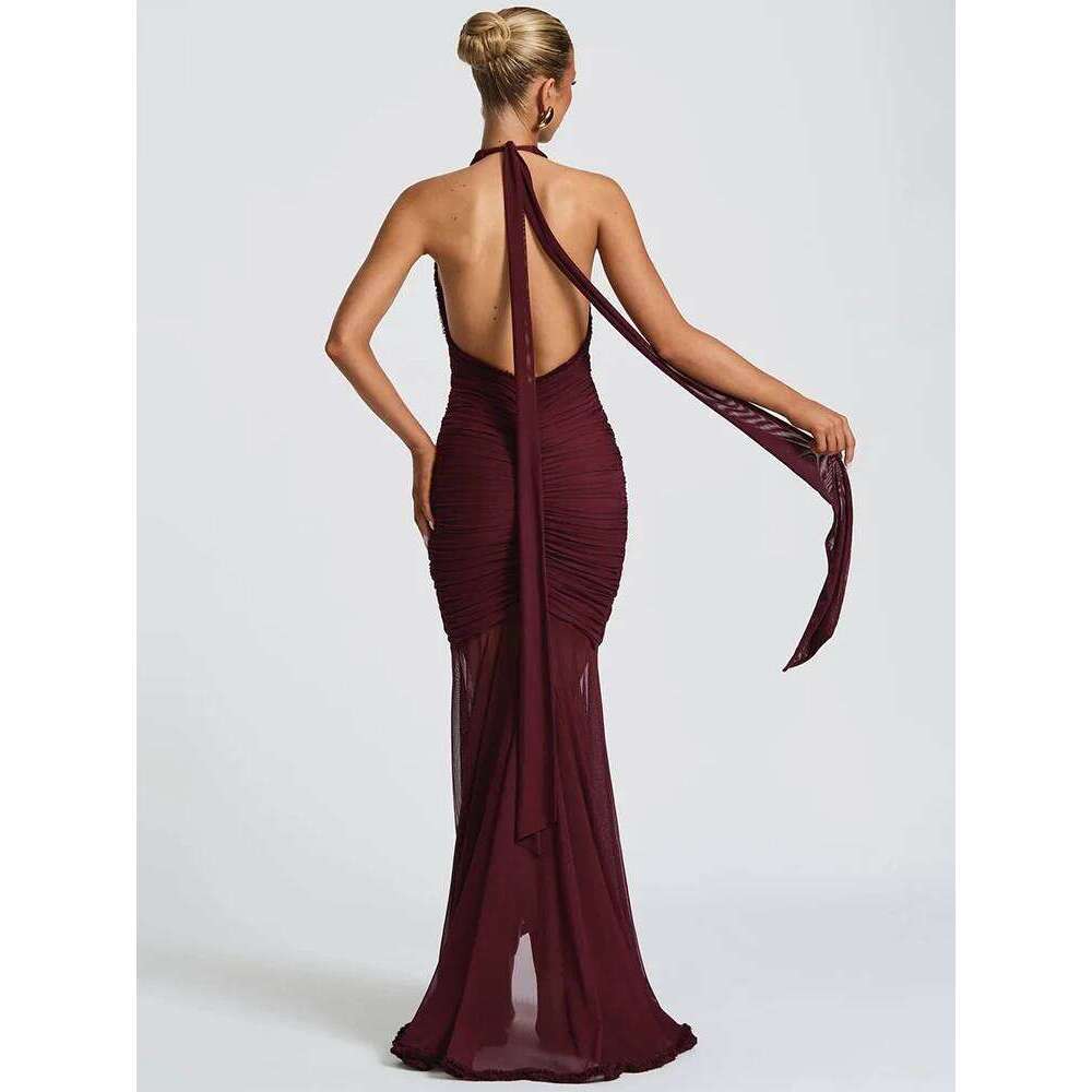 Mozision Elegant Halter Deep V Neck Sexy Maxi Women Fashion Sleeveless Backless Ruched Evening Club Party Long Dress