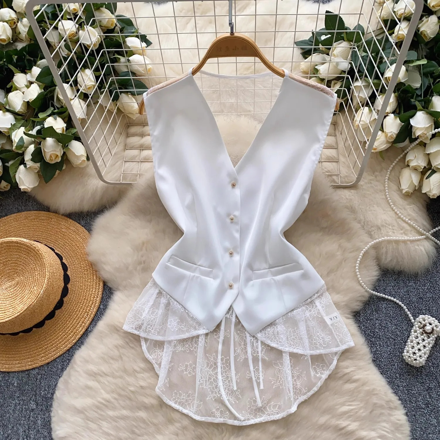 Summer Ladies Perspective Lace Patchwork Suit Vest Womens Sexy VNeck Sleeveless Tank Irregular Blazer Black White Camisole 250610