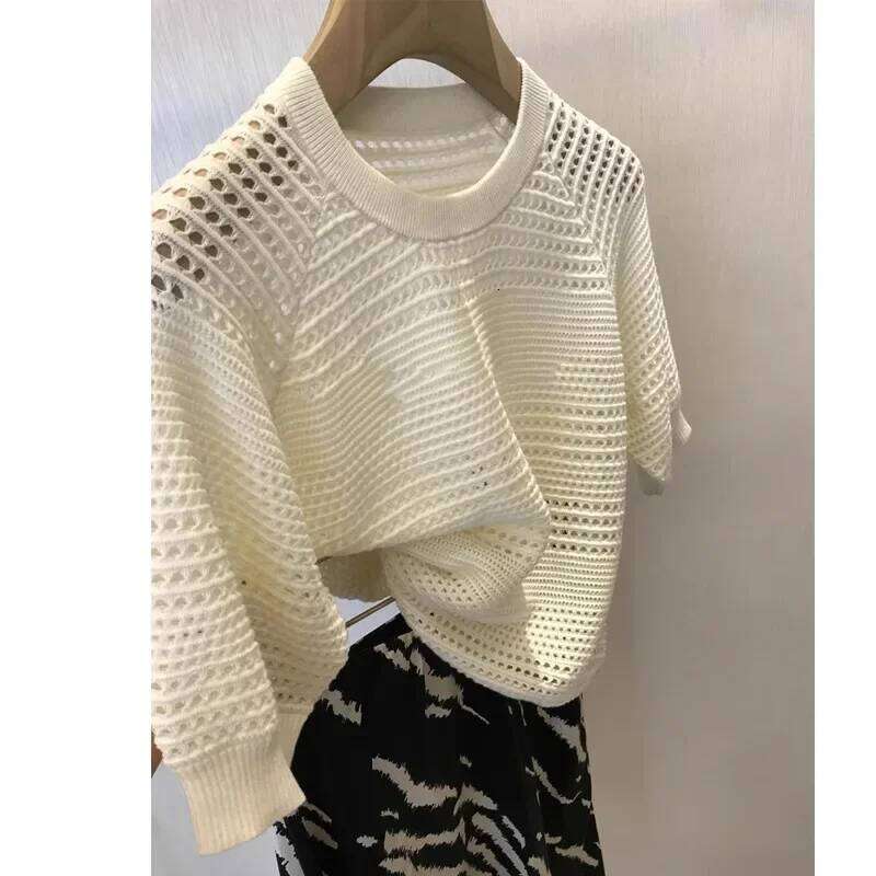Sandro Quality Thin Hollow out Knitted Short Sleeve Women's T-Shirt Crew Neck Summer Lightweight Fashionable Casual Top