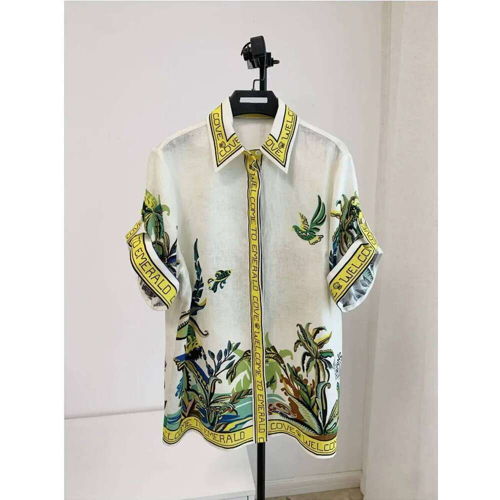 Women Plant And Letters Printed Short Sleeve Linen Blouse Or High Waist Mini Skirt