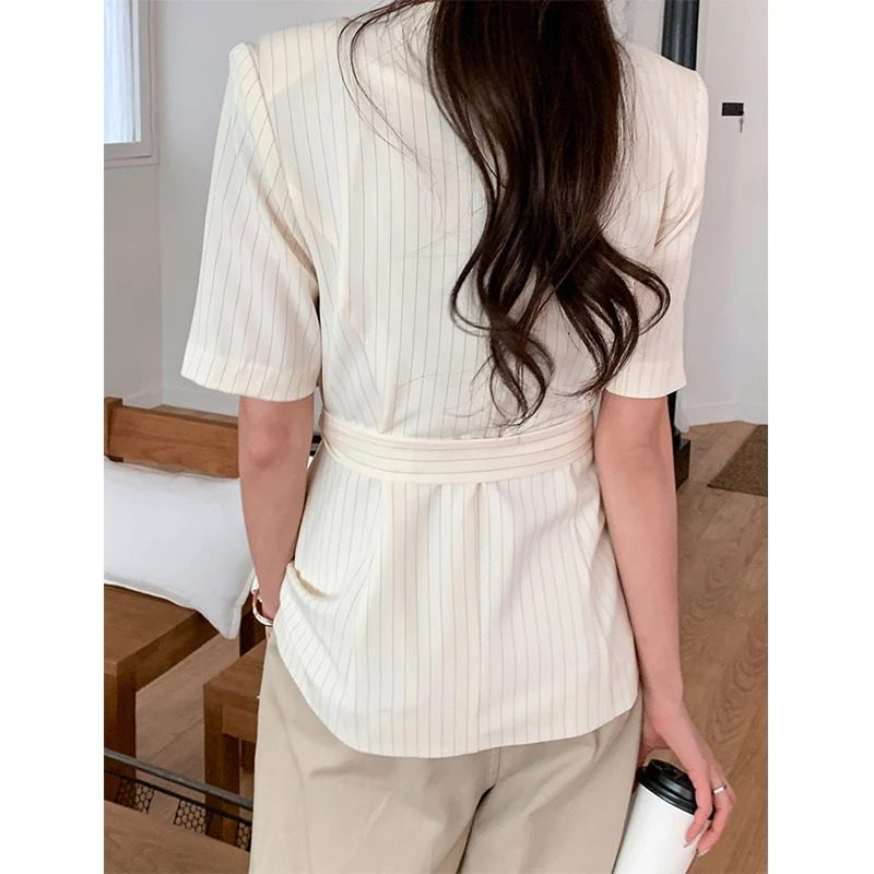 Elegant Striped Blazer Women Fashion Black Lace Up Suit Jackets Korean V Neck Outerwears Summer Office Ladies Short Sleeve Coats 250610