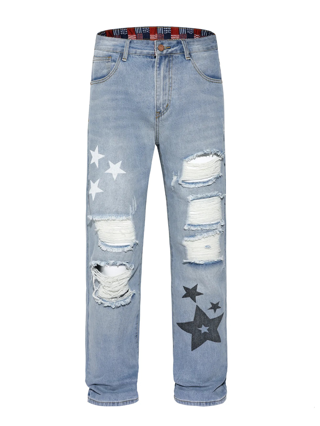 Mens Light Blue Distressed Jeans with Star Print Baggy Fit Streetwear Style Spring and Summer Fashion 250611