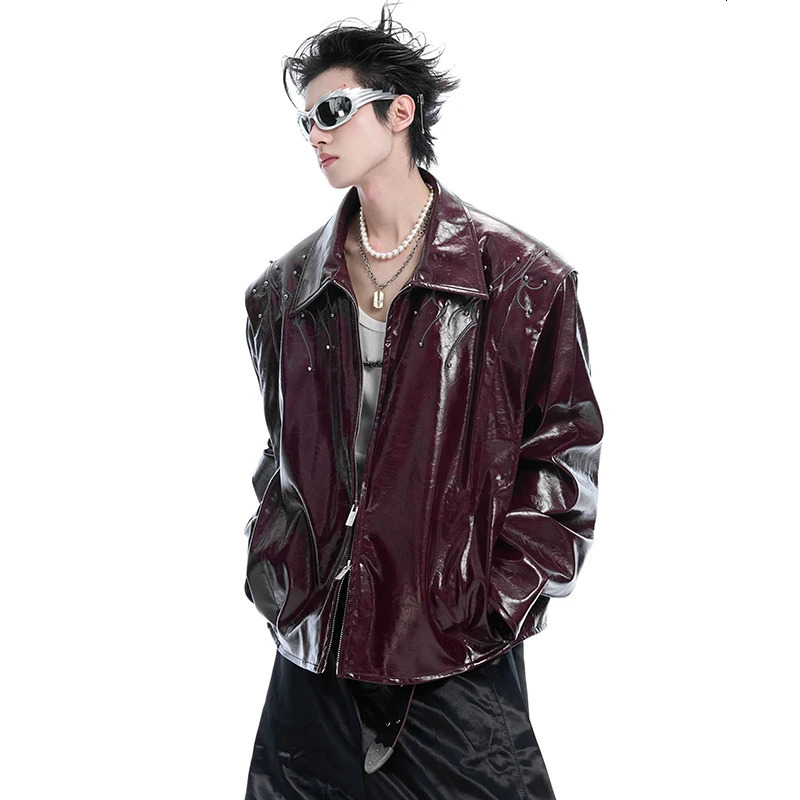 FEWQ Mens PU Leather Jackets Chine Rivet Embroidery Embroidery Turn-down Collar Solid Color Casual Male Coats 24K2833 250611
