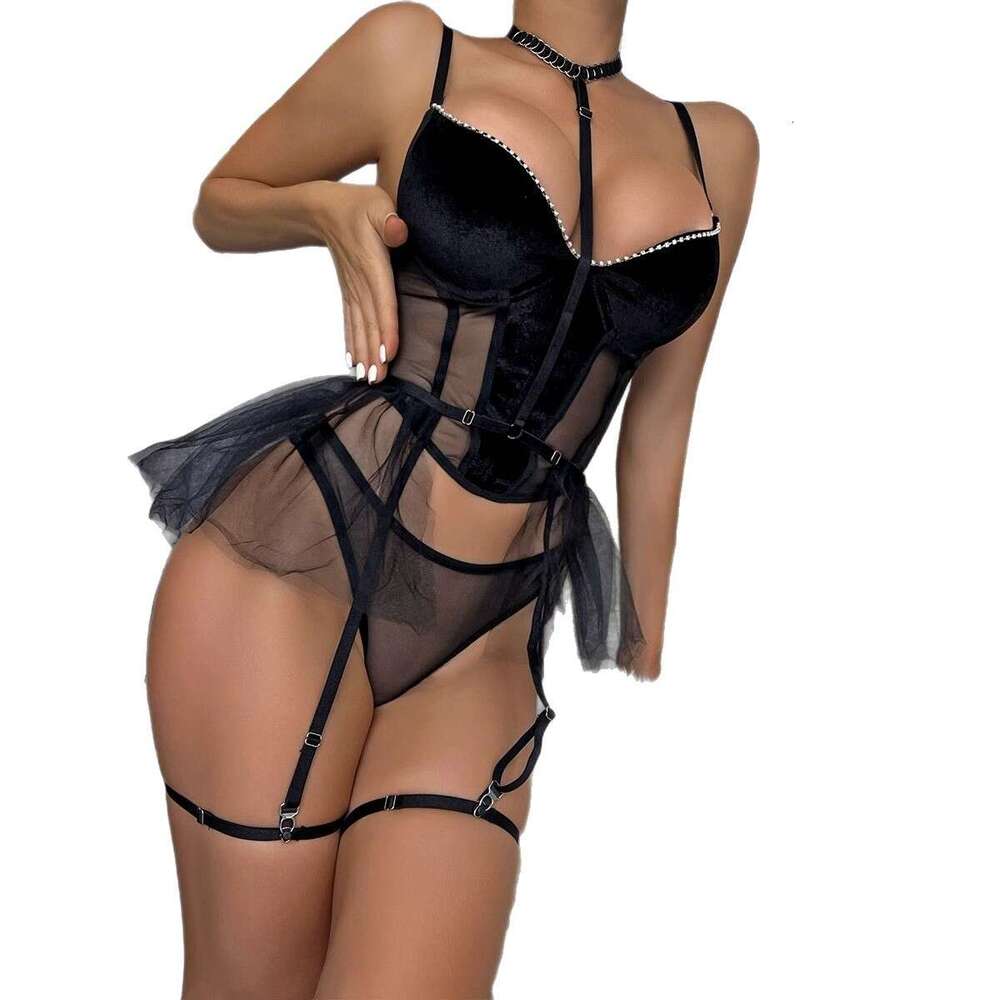 Spell Lingerie Porn Suits Lingerie Mesh Velvet Patchwork See Through Three Piece Sexy Set Sexy Lingerie