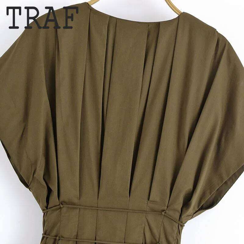 TRAF V-neck Short Sleeve For Women Fashion Sagging Sense Long Waist Lace Up Midi Dress Elegant Evening Dresses
