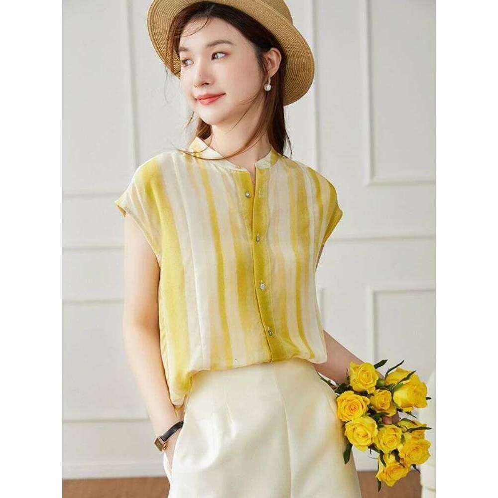 Women's Shirt and Blouse Chiffon Yellow Sleeveless Striped Female Tops Loose Summer Button Up Y2k Fashion Sale of Pretty Xl M