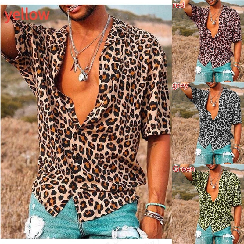 Fashion Mens Summer Hawaiian Shirt Leopard 3D Print Shirt Short Sleeve Casual Plus Size Beach Shirts Street Lapel Blouse Camisa 250606
