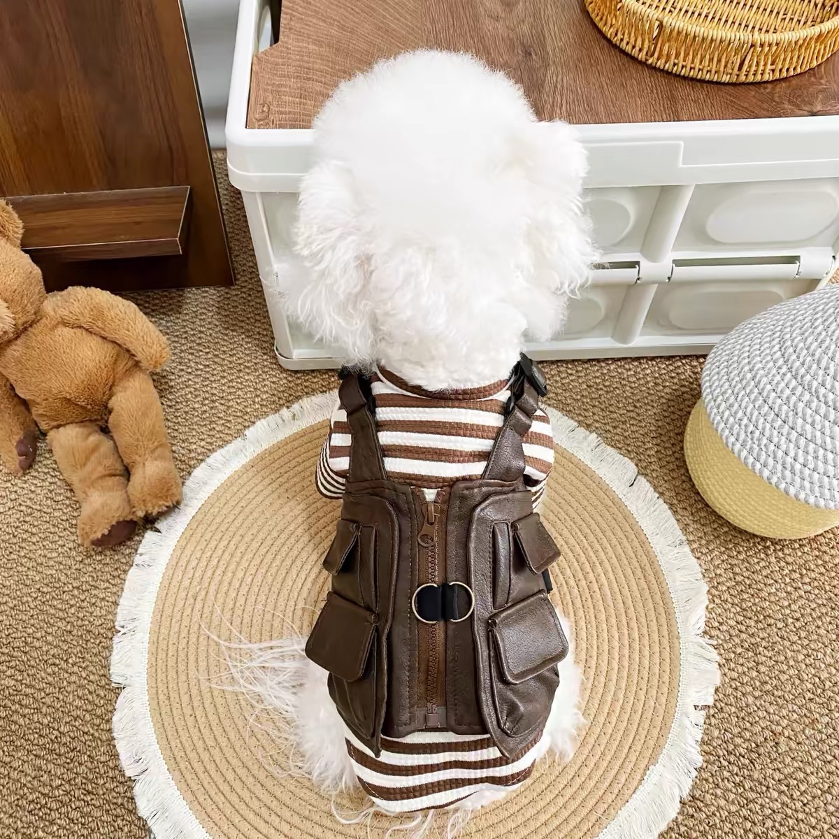 Retro Dog Vest Harness with Leash D-ring with Multiple Practical Pockets Boy Puppy Harness Jacket No Pull Pet Cat Dog Harness Vest for Small Dogs Chih