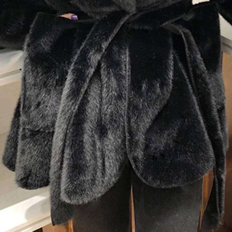 Lautaro Winter Black Warm Oversized Faux Fur Cardigan Women Drop Shoulder Long Sleeve Sashes Loose Stylish Korean Fashion 2021