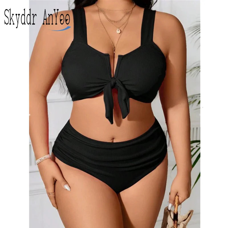 Womens Swimsuit 2025 Plus Size Ribbed Bikinis Sets Two Piece High Waist Black Tummy Control Bathing Suit Swimwear 250530