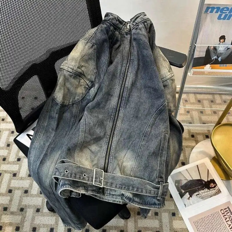 FEWQ Belt Mens Denim Jackets Stand Collar Solid Color Shoulder Padded Sleeve Zipper Patchwork Washing Male Coats 24K2966 250611