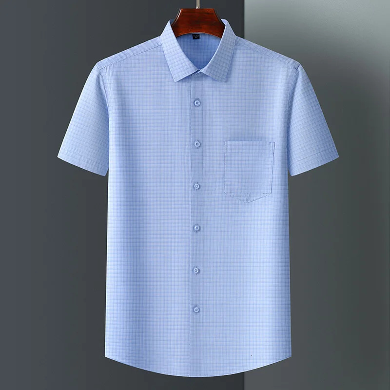 Mens Bamboo Fiber Short Sleeve Shirt Classic Solid Color Printing Plaid Business Formal Social Top Fashionable Office Wear 4XL 250611