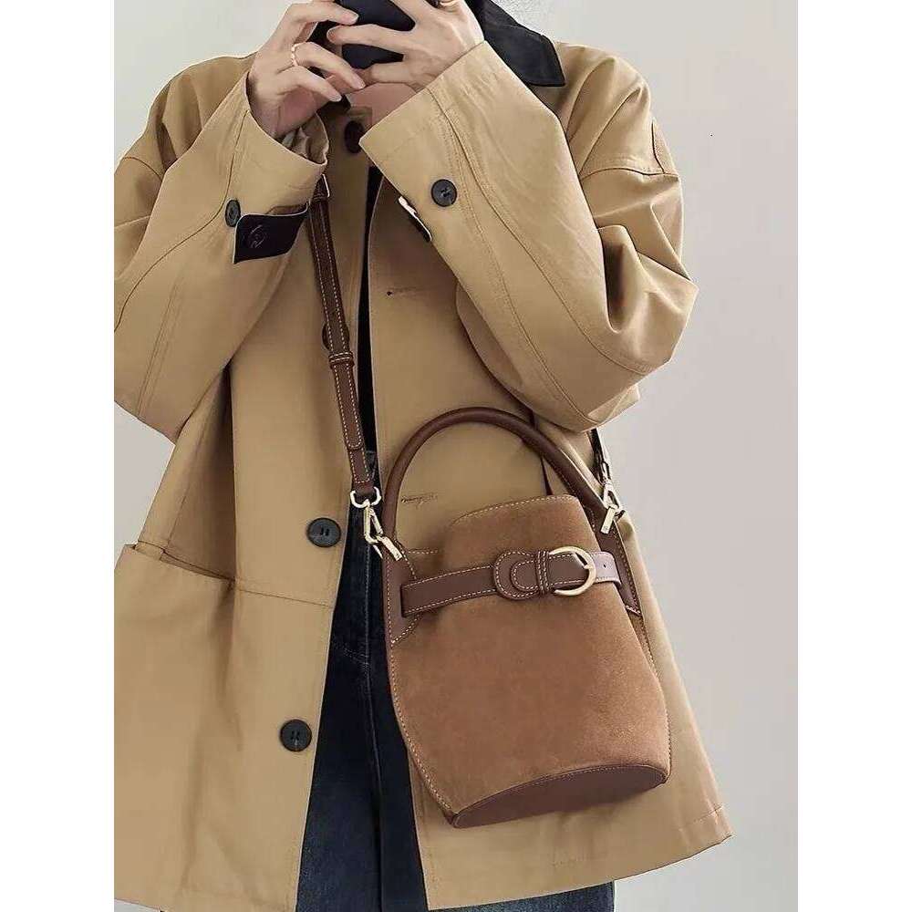 Women Casual Suede Spliced Cow Split Leather Bucket Buckle Designer Shoulder Bags Totes Handbag Strap Crossbody Bag