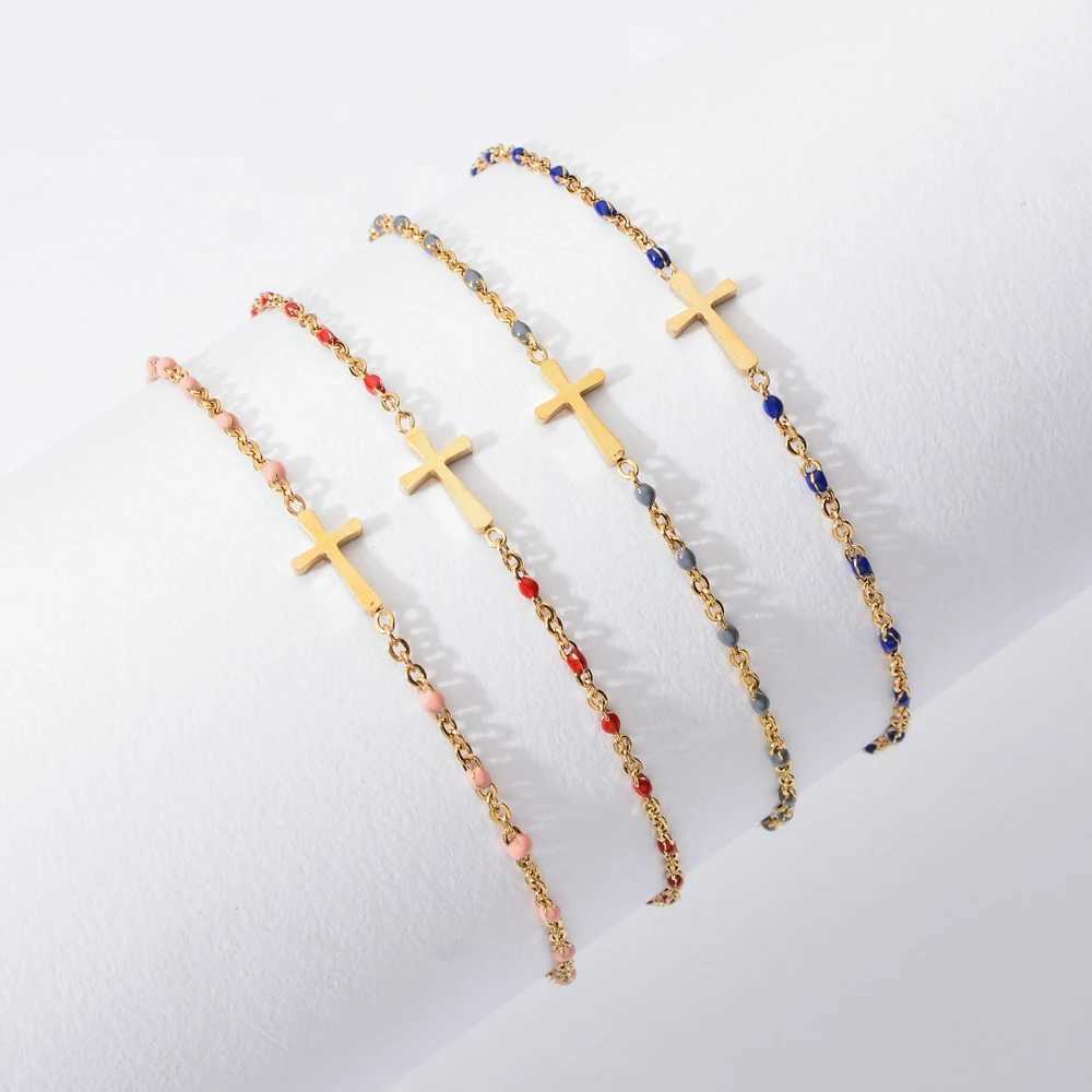 3M Girls Boho Thin Chain Stainless Steel Bracelets For Women Gold Color Peach Pink Cross Charm Beautiful Gift XJ250707