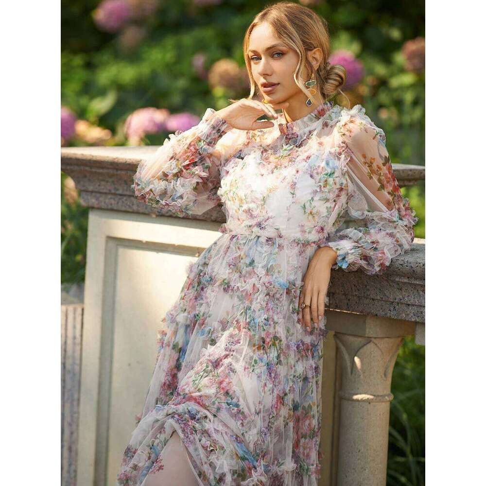 Lace Lantern Sleeve Mesh Print Cascading Ruffle Vacation Ball Gown Dresses For Women 2022 Designer Autumn Runway Elegant