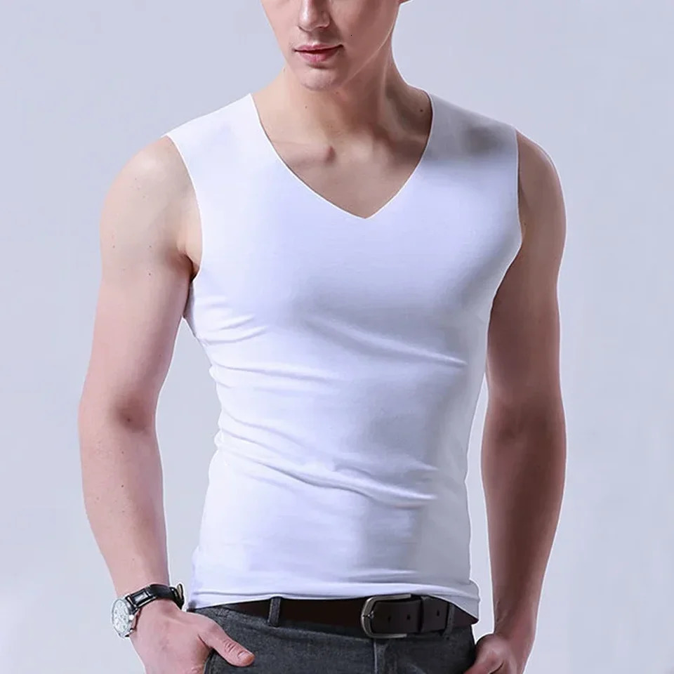 Ice Silk Mens Solid Tank Tops Sexy V Neck Sleeveless Vests Male No Trace Undershirt Elastic Fitness Casual Bodybuilding Suits 250609
