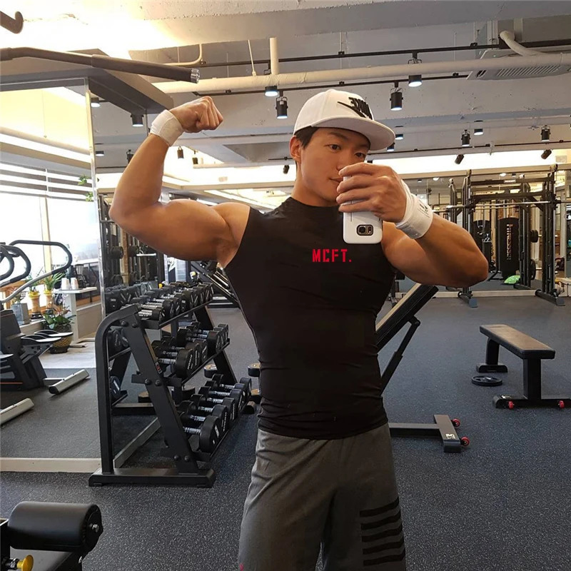 Mens Summer Youth Sports Fitness Shirt Sleeveless Printing Outer Wear Turtleneck Undershirt 250609