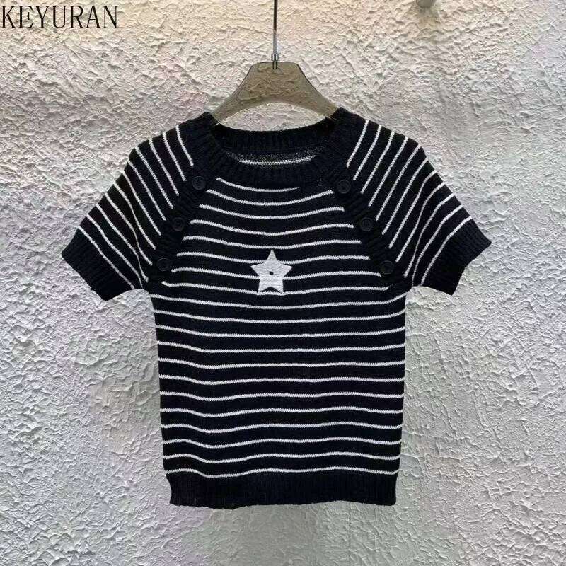 2025 Spring Summer New Striped Knitted Short Sleeve Sweater Women's Vintage Embroidery Round Neck Casual Pullover Knitwear Tops