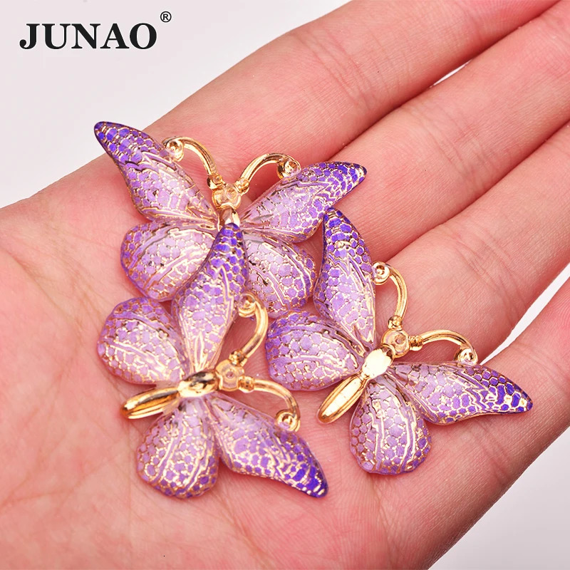 JUNAO 10Pcs 2538mm Large Sewing Purple Butterfly Resin Applique Flatback Crystal Stone For Garment Decoration 250606