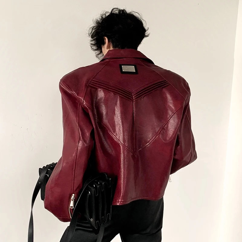 FEWQ High Street Mens PU Leather Coats Lapel Solid Color Pleated Shoulder Pads Menswear Loose Male Jackets 24K3041 250611