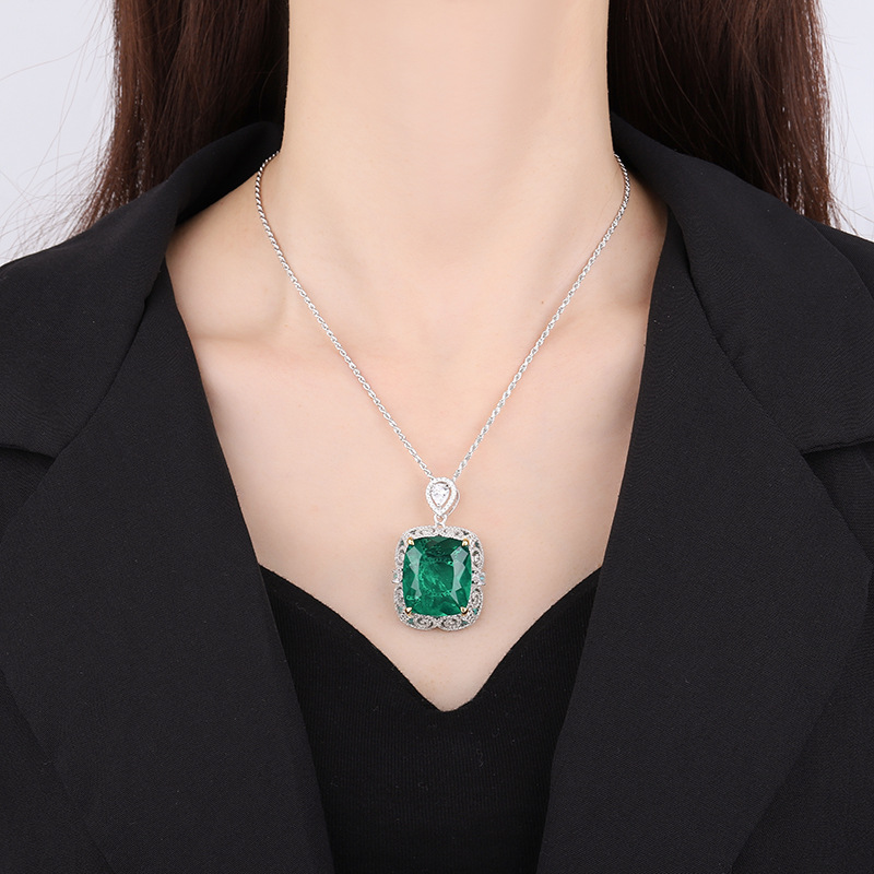 S925 Silver Faux Emerald Paraiba Rectangular Pendant Necklace, Luxury Design 20x23mm, Stylish High-End Women's Jewelry, Perfect Gift Choice