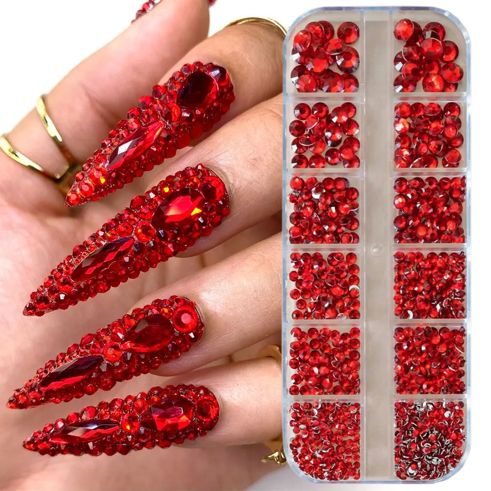 12grids Red Nail Gems s 2345mm FlatBack Crystal Diamond SS610162030 Mixed Glass Charms 250606