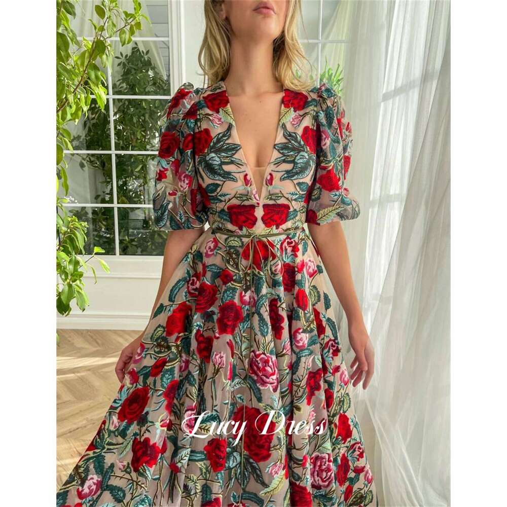 Lucy Party Dress Ball Gown V Collar Wedding Floral Lace Evening Dresses 2024 Prom Women Midi Ladies Gala Woman Customized