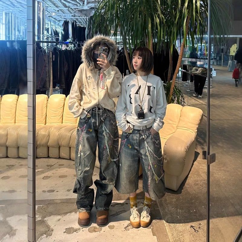 Mens Denim Shorts Jeans Candy Chain Designer "Make old" Fold 3D Digital Printing Loose Capri Pants Trousers