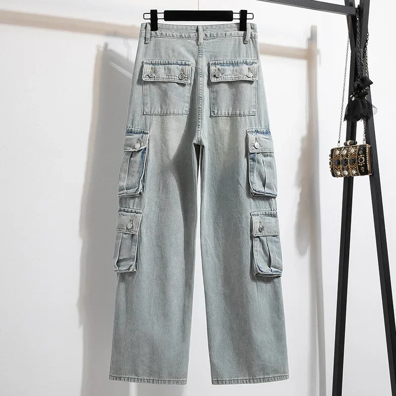 Plus Size Washed Pure Color Womens Low Waist Straight Leg Jeans Multiple Pockets Loose Fit Workwear Trousers Autumn plus Size 250609