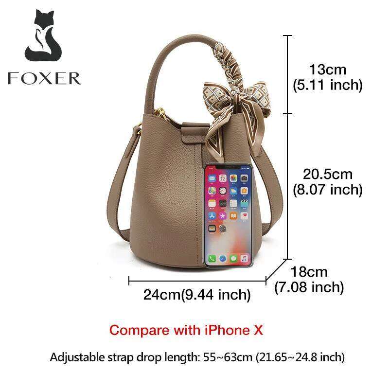 FOXER Women Shoulder Crossbody Handbag Lady Genuine Leather+ Microfiber Fashion Bucket Bag Gift for Lover