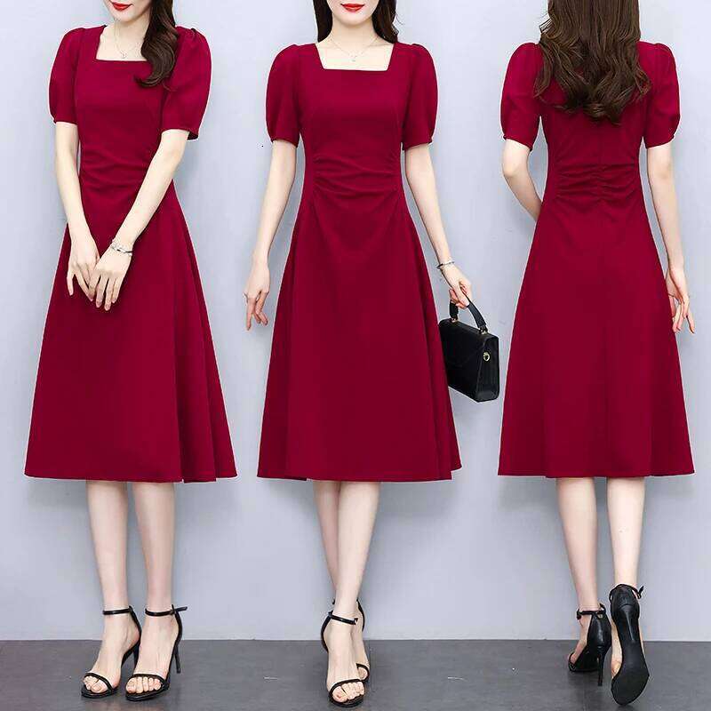 Retro Simple Summer 2025 Short Sleeve Square Collar Knee Length Fashion Solid Colar Slim Women Dress Red Black