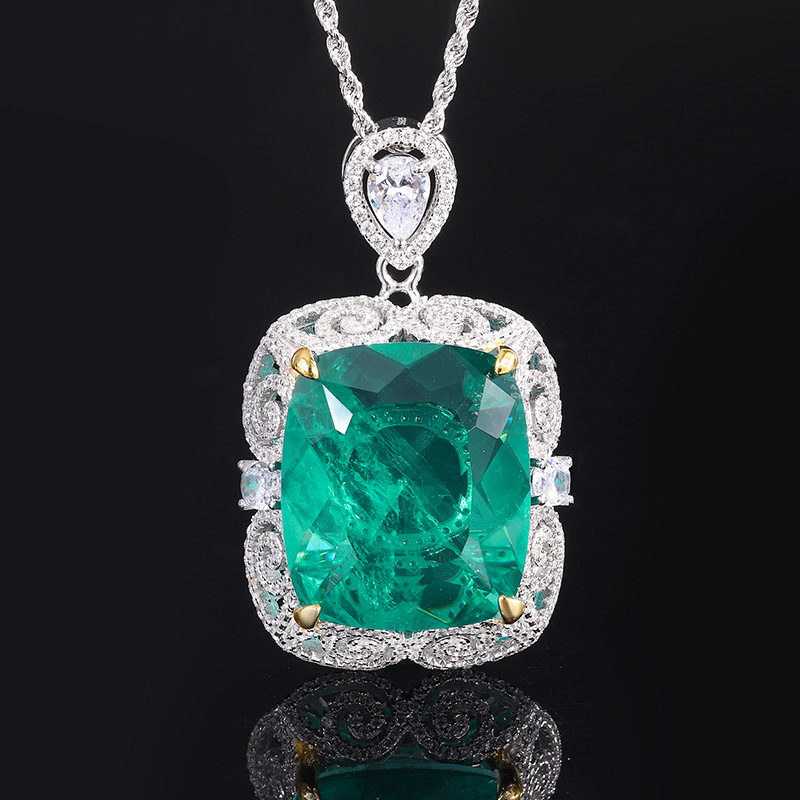 S925 Silver Faux Emerald Paraiba Rectangular Pendant Necklace, Luxury Design 20x23mm, Stylish High-End Women's Jewelry, Perfect Gift Choice