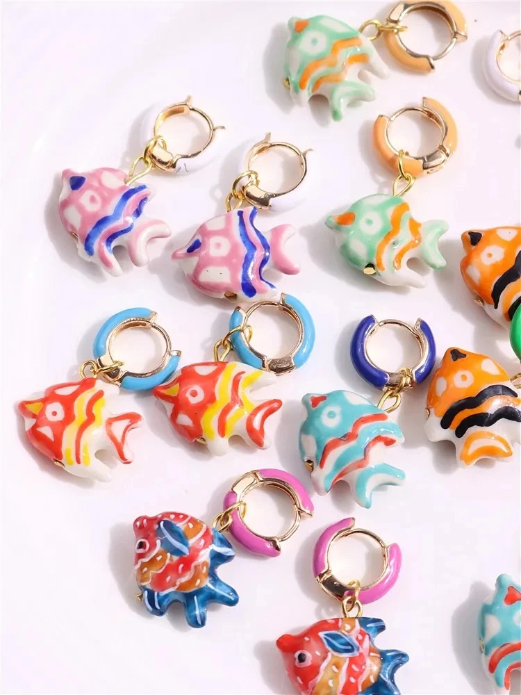 Pre Sale Colorful Glazed Enamel Fish Hoop Earrings for Women Girls Cute Handmade Chic Ancessories Summer Beach Trend Jewelry 250610