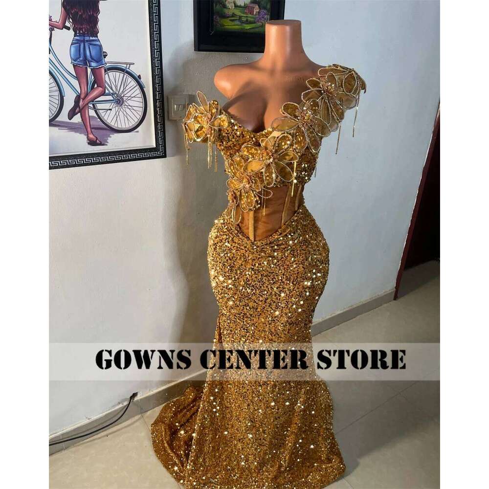 Sparkle Golden Aso Ebi African Evening Dresses Ruched Off The Shoulder Mermaid Formal Party Gowns Women 2025 Customized