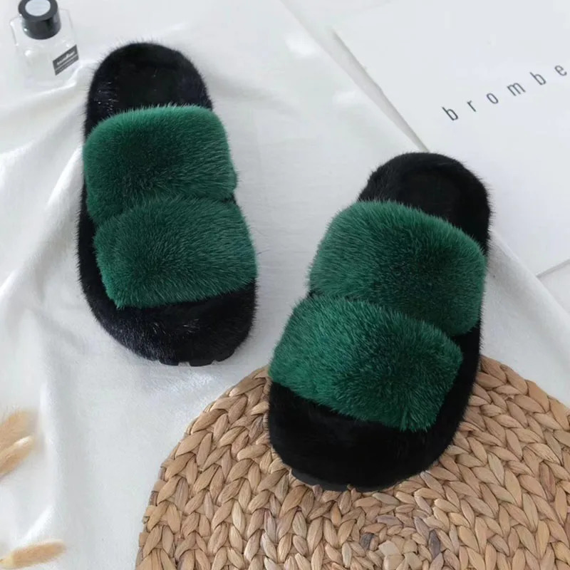 Womens Mink Hair Slippers Plush Soft For Women Fashion er Flats Roman Rubber FASHION 250609