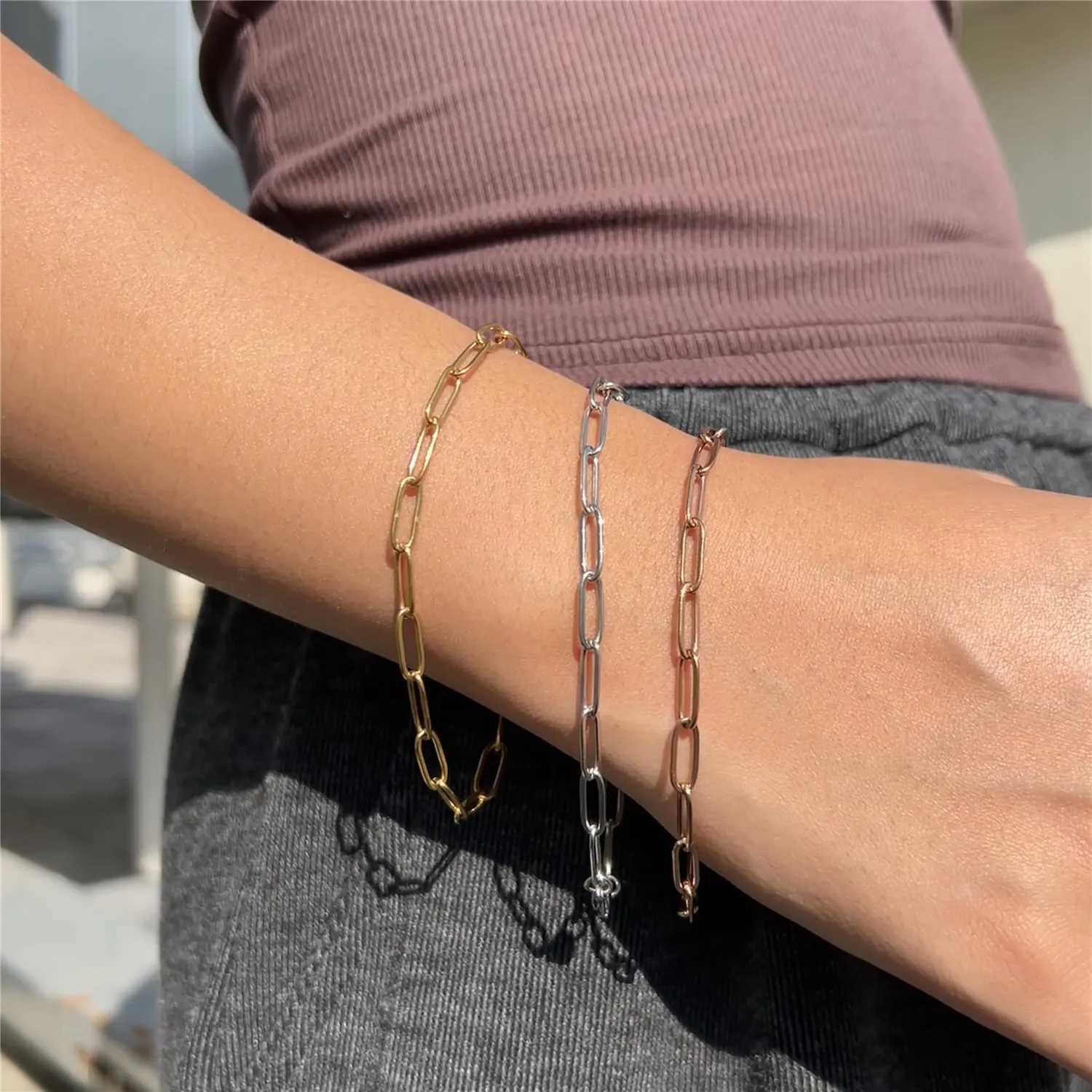 MinaMaMa Rose Gold Color Stainless Steel Paperclip Chain Bracelet For Women New Fashion Simple Bracelet Jewelry GiftsXJ250611