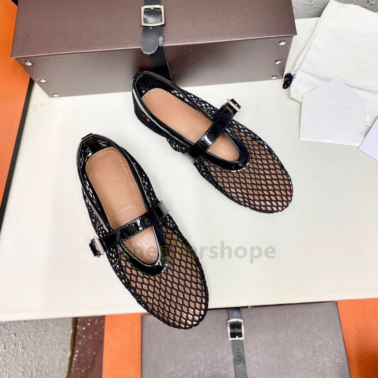 mesh hollow ballet flats heels mary jane loafers womens fashion summer women shoes balck white fishing net weaving buckle designer sandals size 35-43